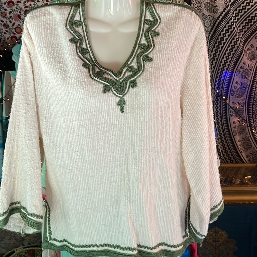Morocco Boho Top Off White Green Vintage - Picture 3 of 9